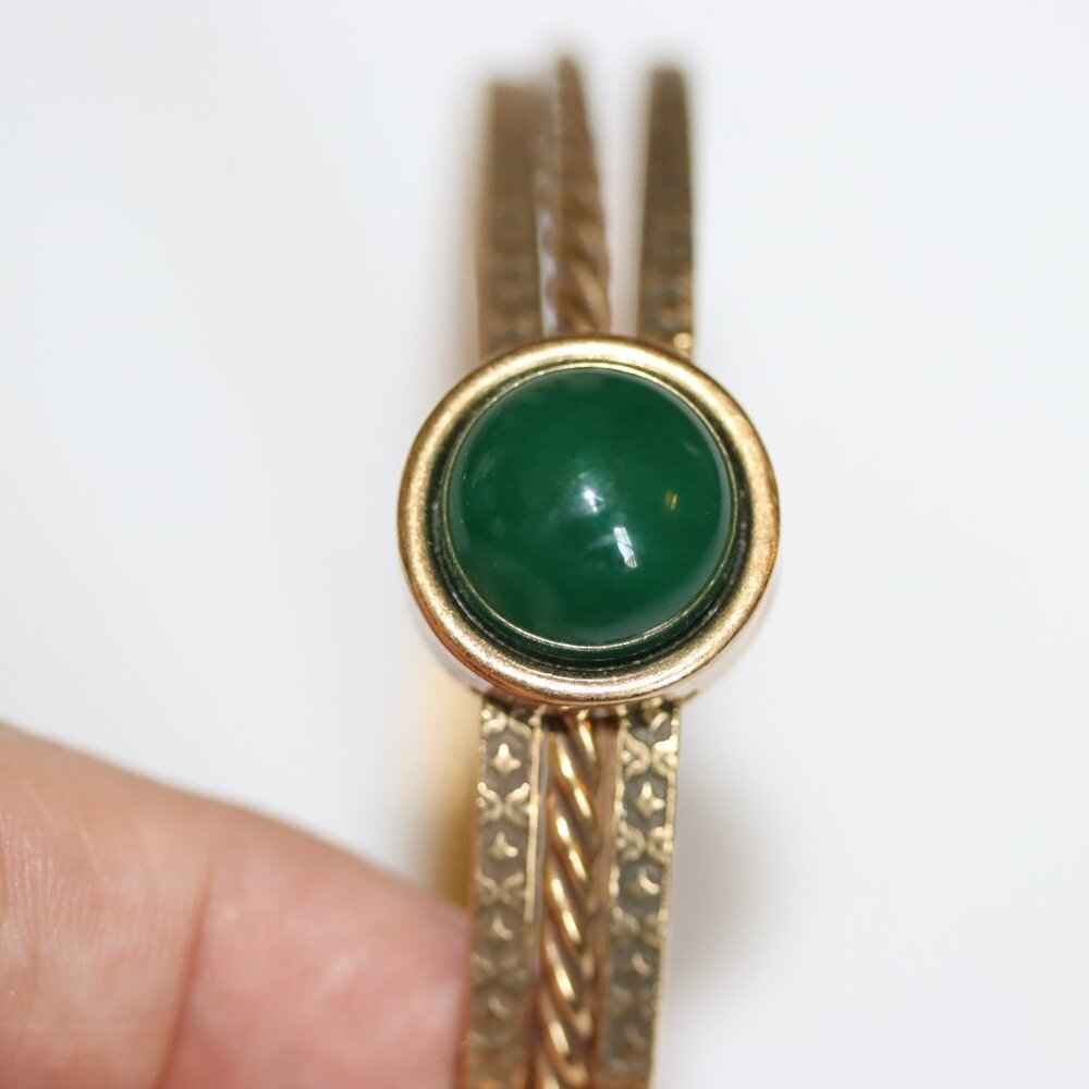 Vintage Signed Monet 3 Band Bangle Bracelet Green Cabochon Center Stone